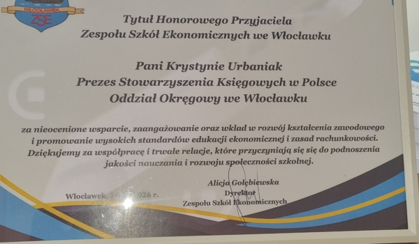 Tytuł Honorowego Przyjaciela Zespołu Szkół Ekonomicznych  we Włocławku